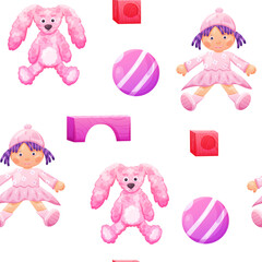 Seamless pattern with toy doll and ball in pink color