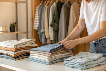 Woman folding clothes neatly