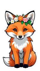 Fototapeta premium Adorable Fox with Flower Crown: Kawaii Contour Vector Art on White Background