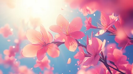 Vibrant sunlit pink cherry blossoms in bloom against a clear blue sky