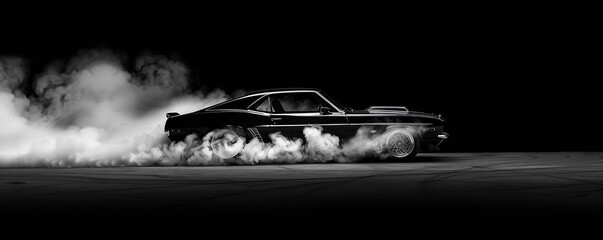 Black and white view of a black colored car in a cloud of white smoke isolated on a black background