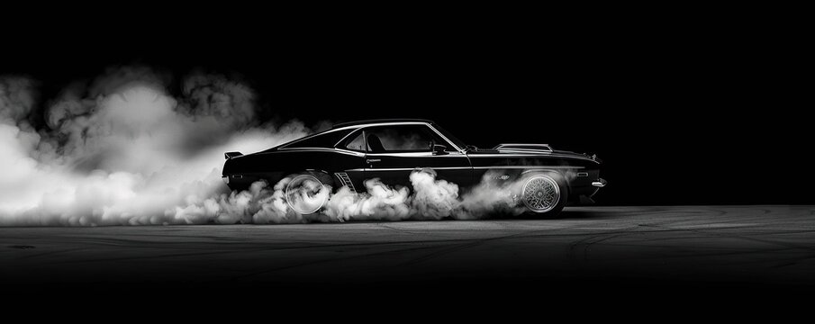 Black and white view of a black colored car in a cloud of white smoke isolated on a black background