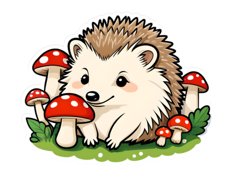 Kawaii Sleepy Hedgehog Sticker with Mushrooms on White Vector Background