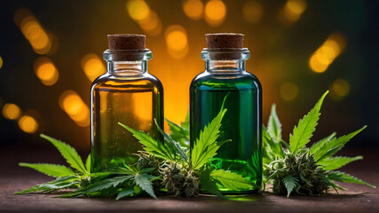 Two glass bottles with corks and fresh cannabis buds