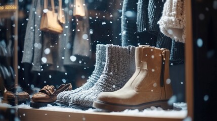 A stylish winter fashion display featuring cozy sweaters, trendy boots, and fashionable accessories against a backdrop of falling snow.