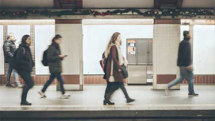 Fototapeta premium Blurry People Walking in Subway Station