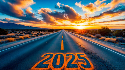 Long, straight road stretching to the horizon with the year '2025' painted on the asphalt