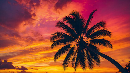 Landscape featuring a single palm tree silhouetted against a dramatic sunset sky.