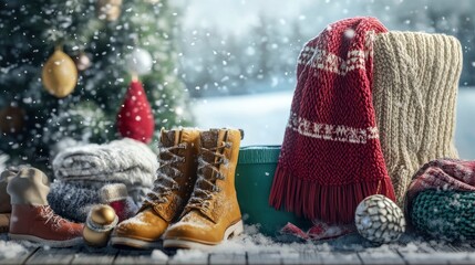 A stylish winter fashion display featuring cozy outfits, scarves, and boots arranged artfully against a snowy backdrop, highlighting seasonal trends.