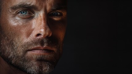 Obraz premium An introspective man in close-up, with words to copy space, Generative Ai.