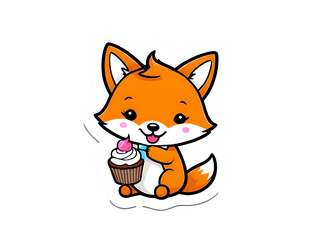 Obraz premium Kawaii Contour Fox with Cupcake Vector Art on White Background