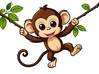 Kawaii Monkey Sticker: Swinging on a Vine, Contour Vector Art on White Background