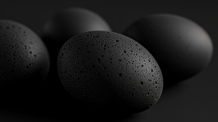 Close-up of four dark, textured eggs on a black background.