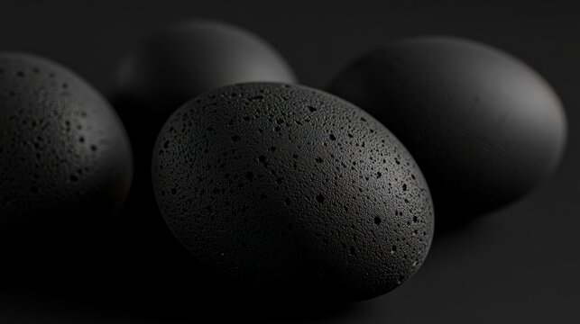 Close-up of four dark, textured eggs on a black background.