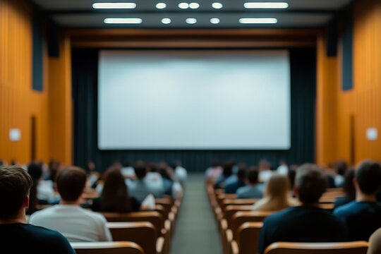 Audience in a campus auditorium watching a presentation