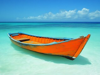 Naklejka premium Orange Boat Floating in Calm Turquoise Water