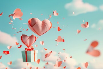 Romantic scene with a gift box and heart balloons floating in the air, symbolizing love and celebration.