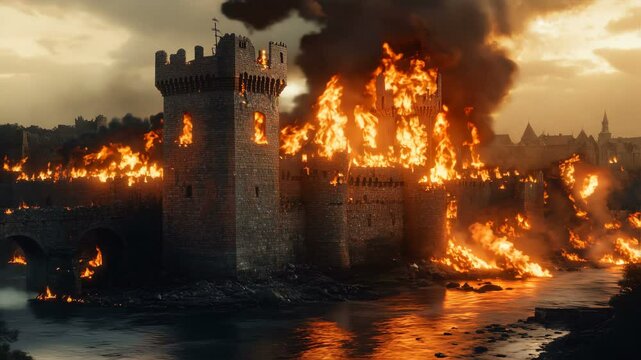 The Medieval Fortress is Under Siege, enveloped in a Fiery Catastrophe that unfolds like a dramatic event