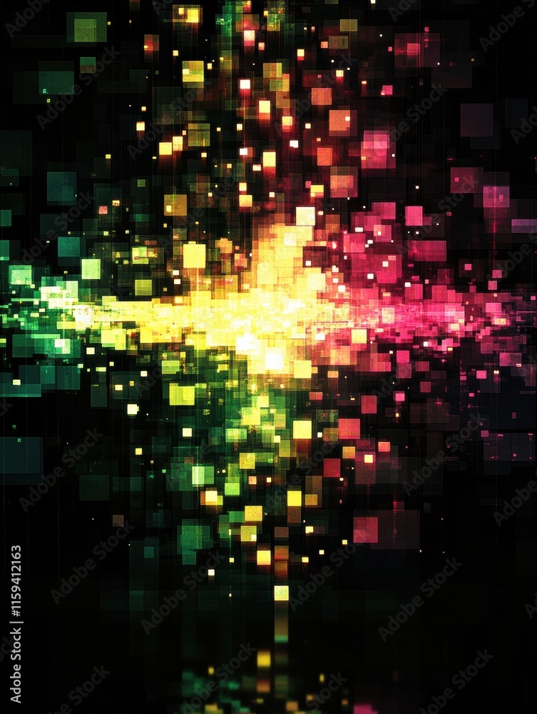 Poster Glowing abstract mosaic with pixelated elements creates vibrant patterns in a dark atmosphere. Generative AI