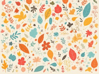 A colorful array of various leaves and flowers on a light background.