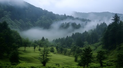 Misty Mountain Landscape Green Valley Forest Trees