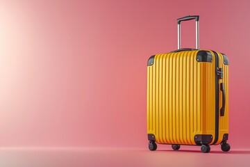 Yellow suitcase with sunglasses and a hat on a yellow background. 3D rendering. Travel concept. Minimal style