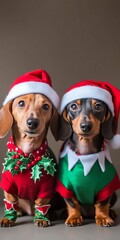 Two dachshunds dressed in festive costumes for Christmas celebrations.