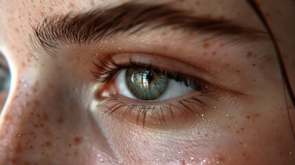 Fototapeta premium Microstock image of an up-close view of a person's right eye, featuring prominent individual lashes and subtle freckles on the eyelids.