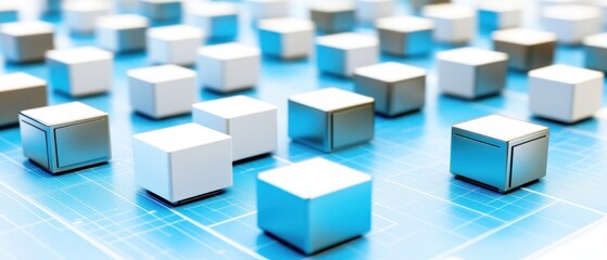 Abstract 3D Rendering of Cubes on a Blue Grid: Modern Technology and Digital Innovation