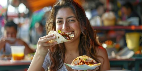 A cheerful young woman savoring her meal at a vibrant outdoor market, possibly on vacation or enjoying cultural cuisine.