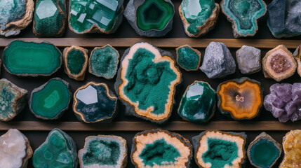 Gemstone Collection: A captivating assortment of polished and natural gemstones, showcasing vibrant hues and intricate patterns in a close-up, top-down perspective.
