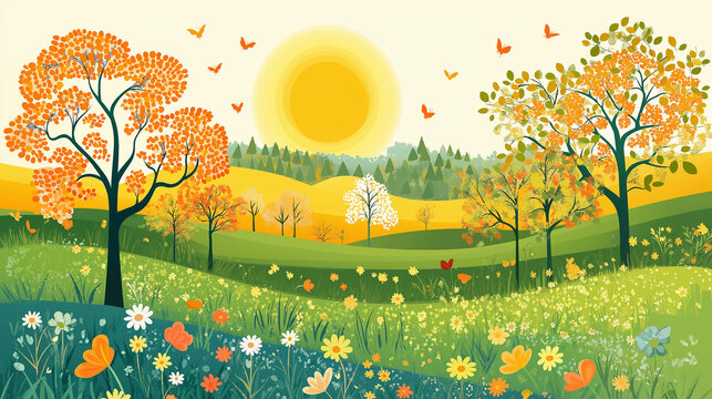 Spring illustration for the beginning of Spring. Orange yellow color palette. Banner postcard background