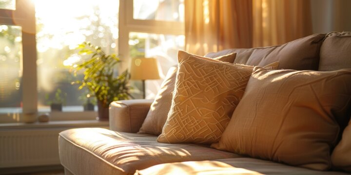 Beautiful modern living room with sunlight coming through window.