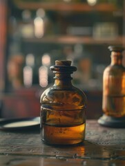 Vintage glass medicine bottle on table, symbolizing historical pharmacy practice.