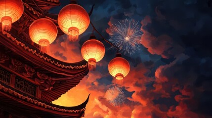 A serene acrylic of a peaceful temple, glowing lanterns and soft fireworks illuminating the New Year sky