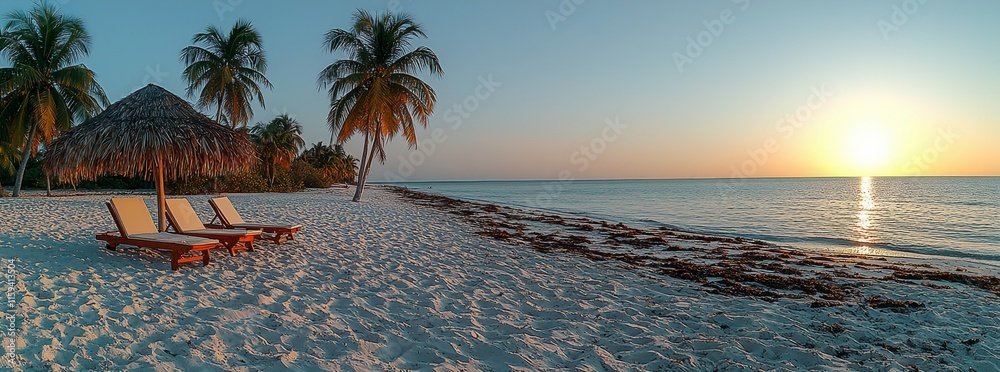 Wall mural Beautiful tropical beach banner with white sand and coconut palms, showcasing a wide panorama background for travel and tourism. Amazing beach landscape