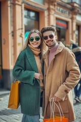 Man and a woman are posing for a picture in front of a store. The woman is wearing a green coat and the man is wearing a brown coat. They are both smiling and holding shopping bags