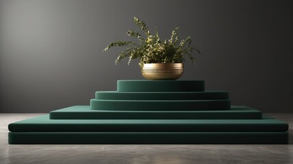 Staircase with Green Plant in Vase, Podium for Presentation Skin Care and Product, using generative ai