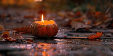 Autumn scene with lit candle on ground surrounded by fallen leaves
