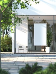 A sleek, modern office design featuring glass walls and a spacious courtyard with potted plants.