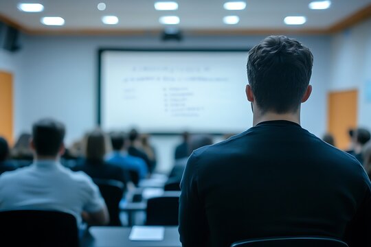 Conference Audience Rows of Desks Presentation Screen