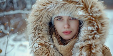 A woman is bundled up against a snowstorm, with her hood pulled over her face.