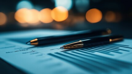 Financial Analysis: Pens Resting on Charts and Graphs Under Soft Lighting
