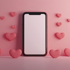 Mobile phone mockup with hearts and pastel pink background. Valentine's day banner with a smartphone with blank screen template