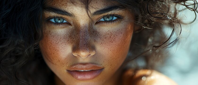 Close-up portrait of a woman with freckles and curly hair.
