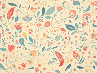 Colorful floral pattern with various plants and flowers on a light background.