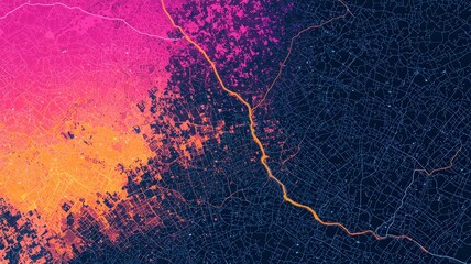 Geospatial Data Analytics concept. Vibrant abstract texture blending pink, orange, and dark hues with a striking line detail.