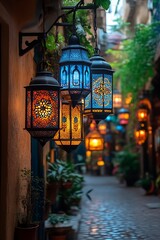 Colorful lanterns illuminate a narrow alleyway.