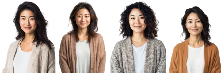 A Set of Cozy Asian Woman in Cardigan and Tee Smiling Subtly in a Relaxed Pose Isolated on Transparent Background
