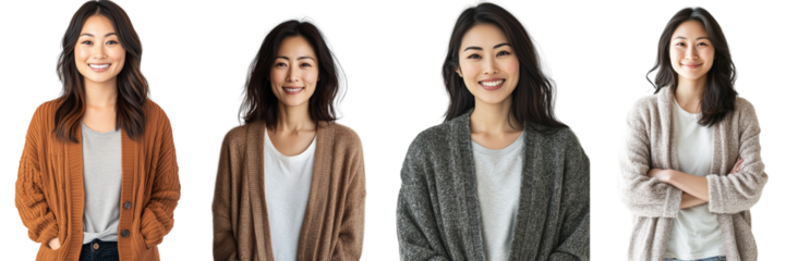 A Set of Cozy Asian Woman in Cardigan and Tee with Subtle Smile and Casual Attire Isolated on Transparent Background